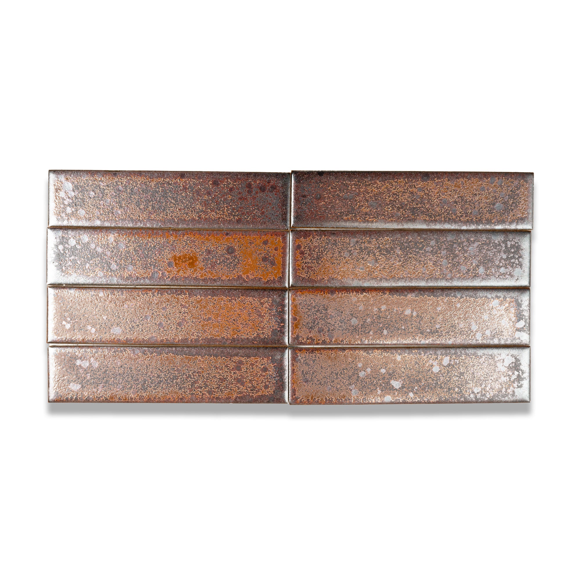 Rusty Red Glazed Porcelain Tile 2x8 — hero image showing warm rust-toned glaze with metallic variation