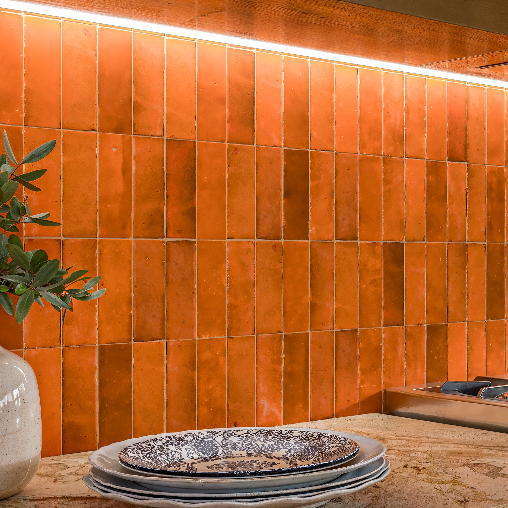 Persimmon Orange Zellige Tile - 2x6 Bejmat | Handmade Zellige