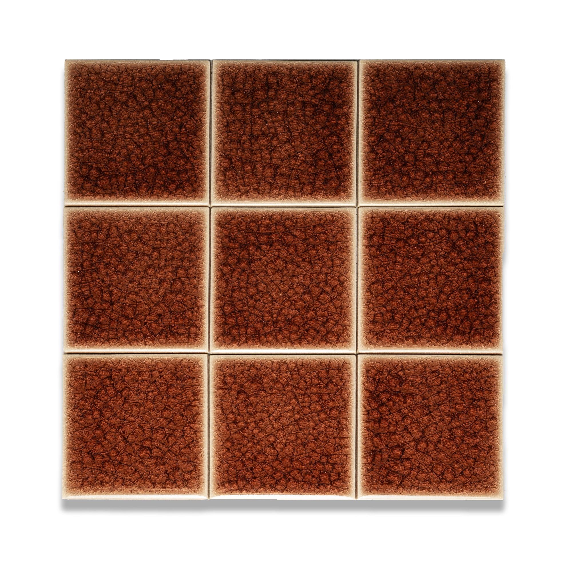 Garnet Glazed Porcelain Tile 4x4 — hero image showing deep burnt scarlet glaze with crackling detail