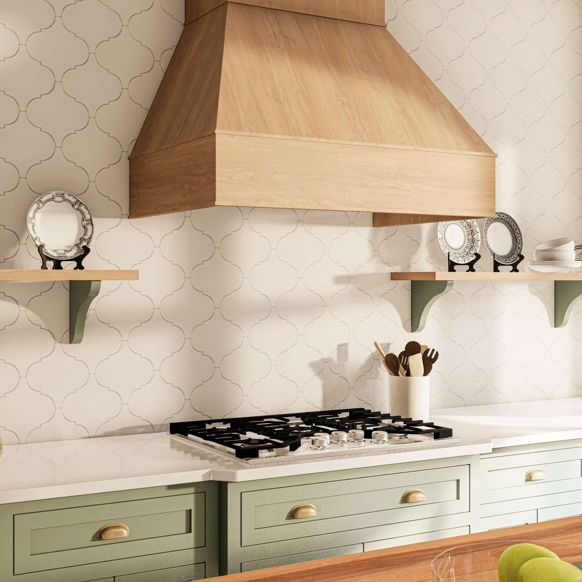 Arabesque Cement Tile 8x8 White — installed kitchen backsplash