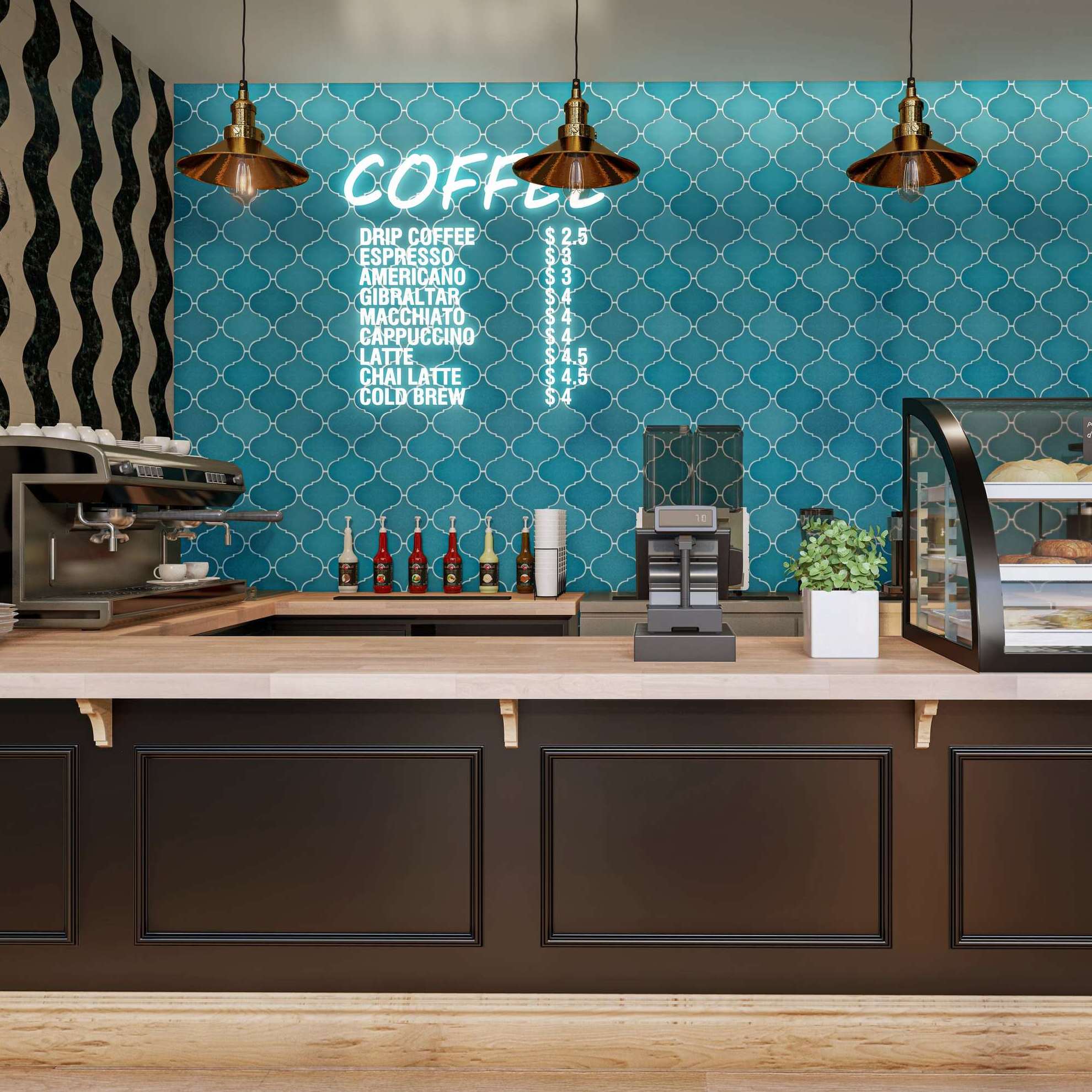 Arabesque Cement Tile 8x8 Terracotta — installed coffee shop wall accent