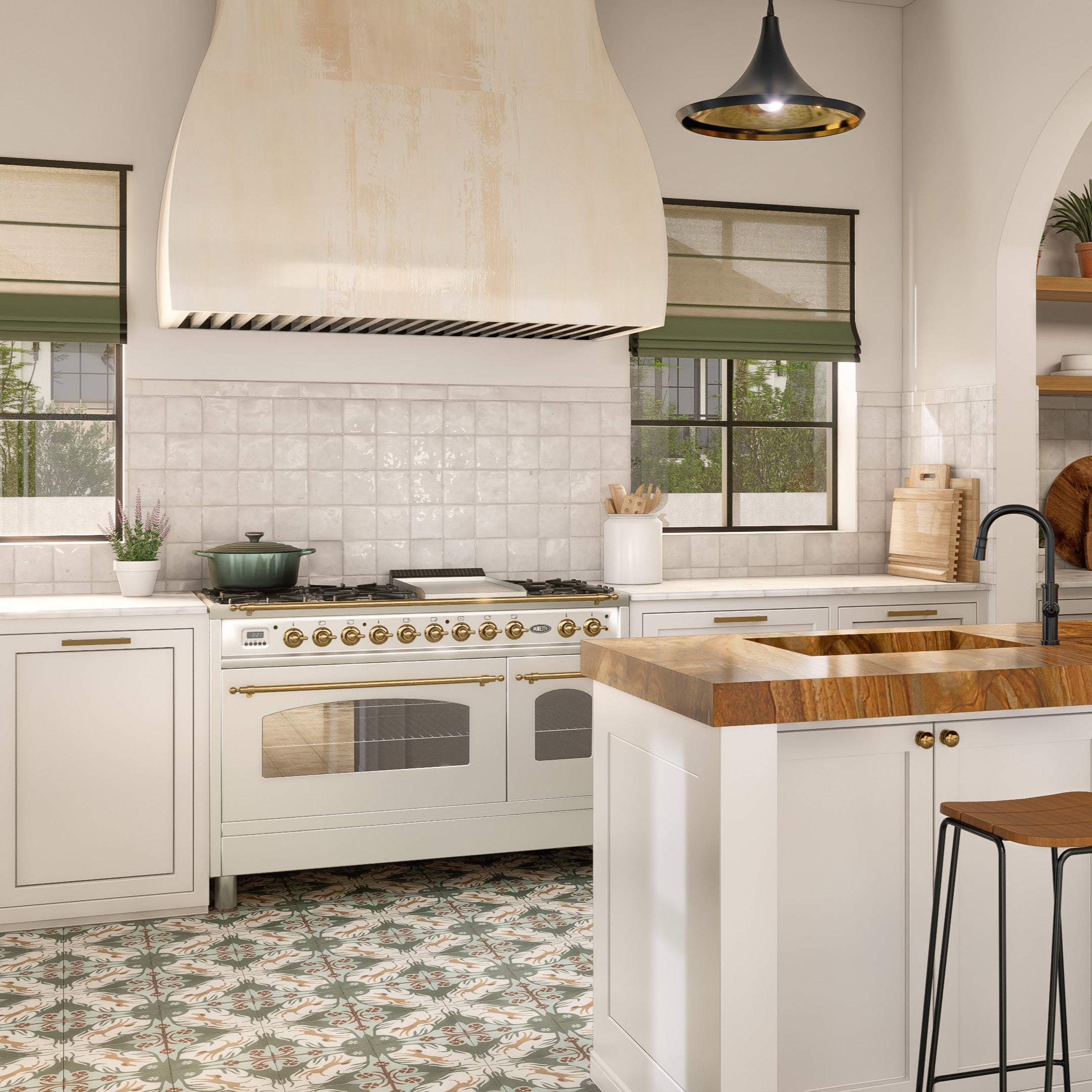 Hounds Cement Tile 8x8 paired with Soft White Zellige 2x6 — indoor bathroom combination