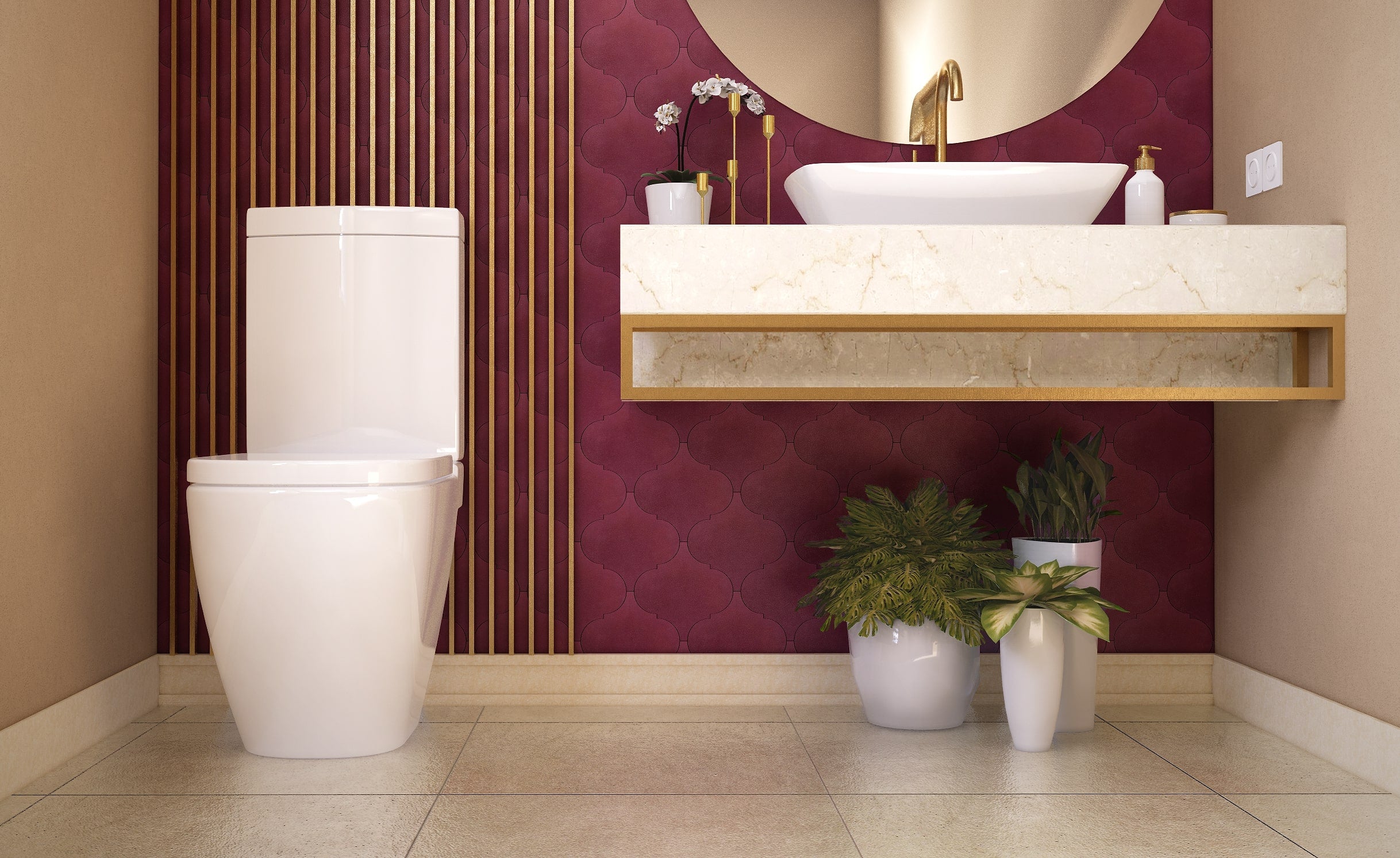 Arabesque Cement Tile 8x8 Beige — bathroom powder room wall and backsplash render