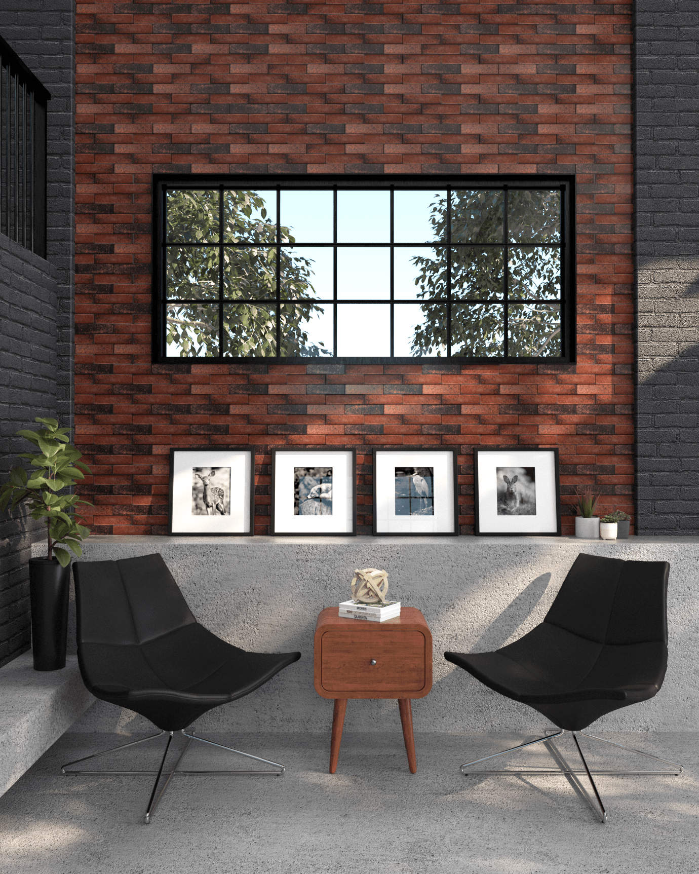 Rusty Red Glazed Porcelain Tile 2x8 — installed living room accent wall