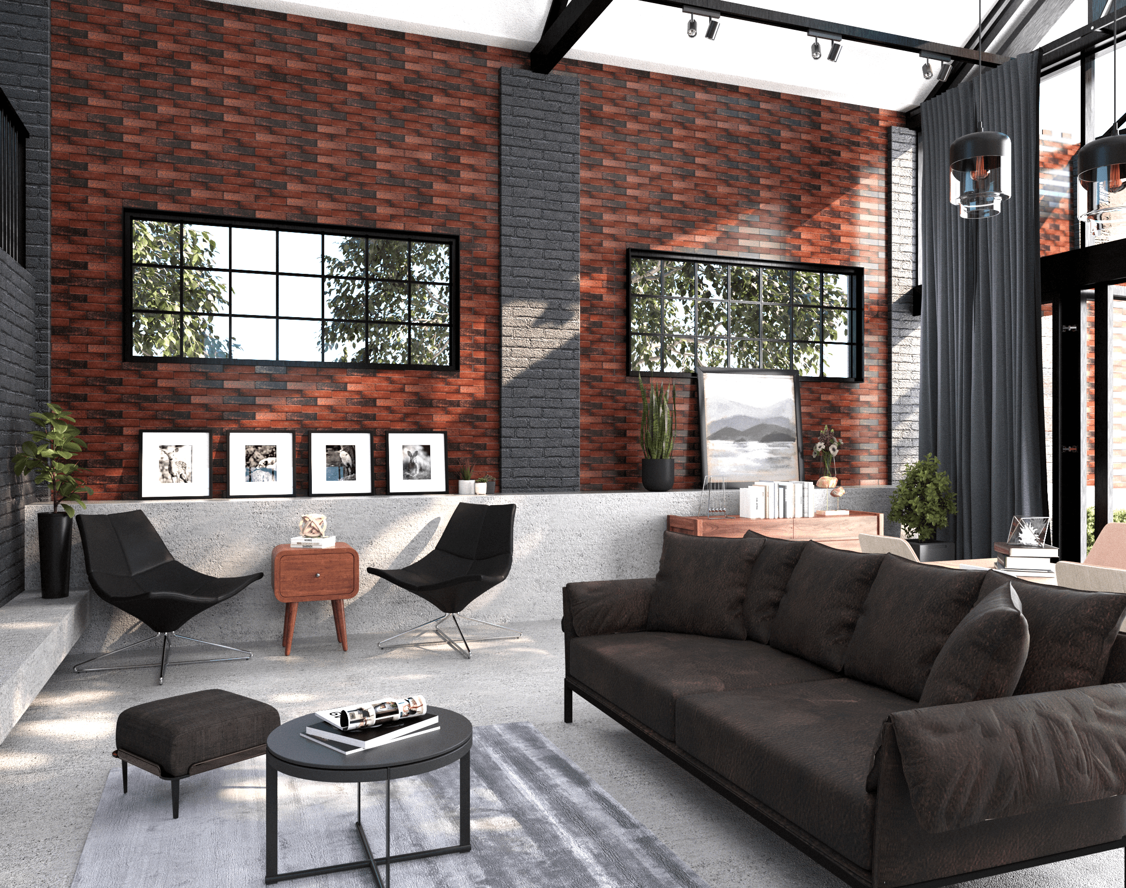 Rusty Red Glazed Porcelain Tile 2x8 — living room accent wall detail