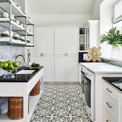 These monochromatic Arrow 1 cement tiles are perfect for backsplashes, accent walls, and stunning floors.