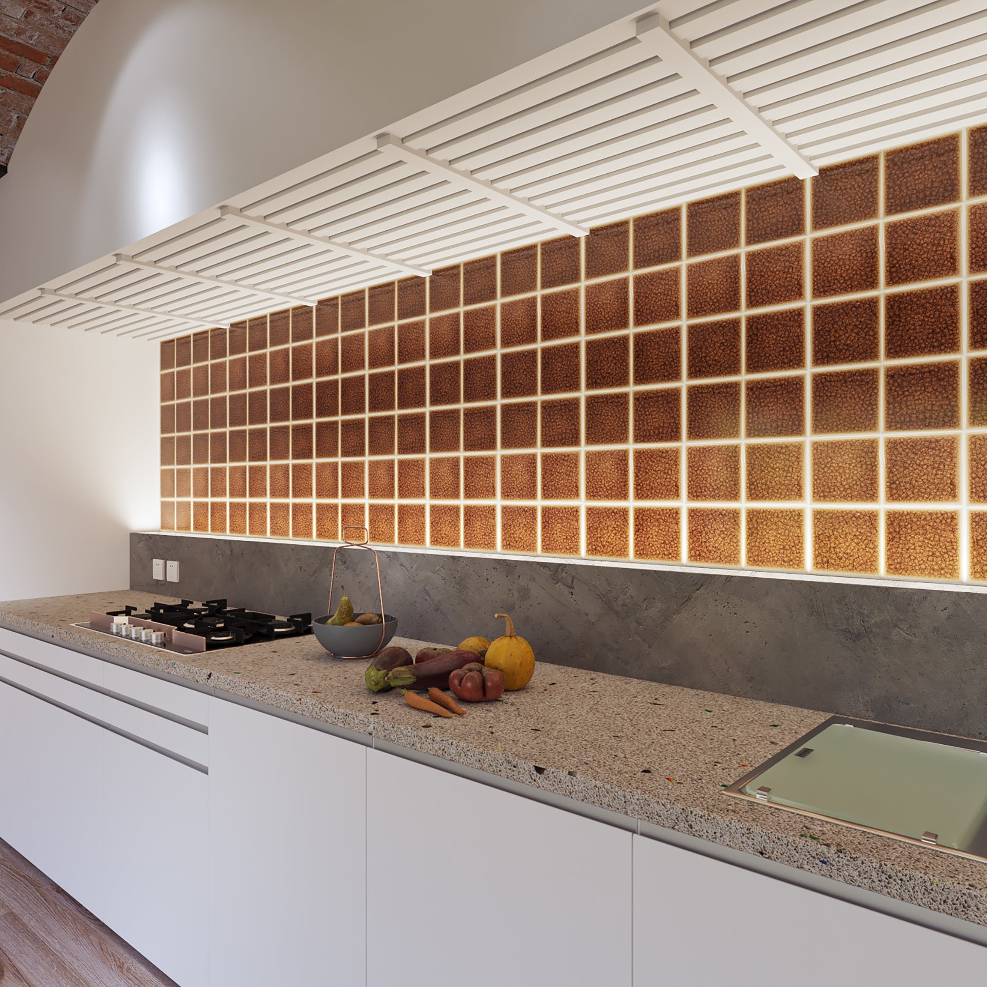Garnet Glazed Porcelain Tile 4x4 — installed kitchen backsplash or bathroom wall