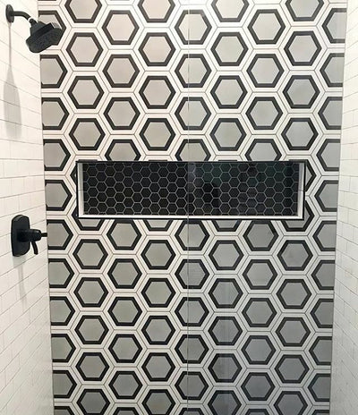 These encaustic Honeycomb 3H hexagon cement tiles are perfect for backsplashes, accent walls, and stunning floor art.