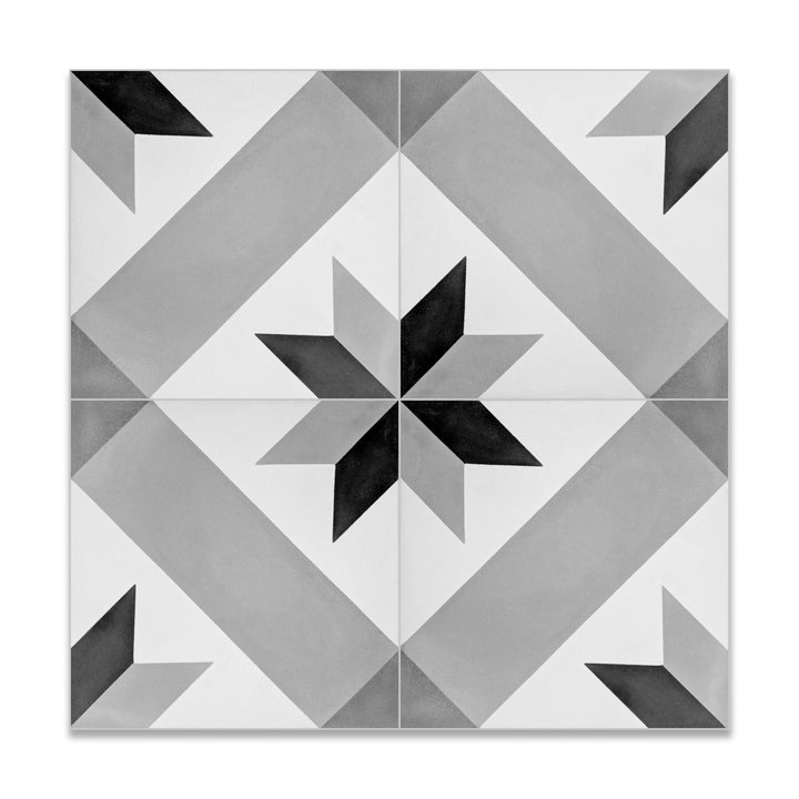 Cement Tile- Sunrise Style // 8 inch Square authentic Tile Set // 12 Piece Set // Geometric Tile // Encaustic Tile // Black and White Tile