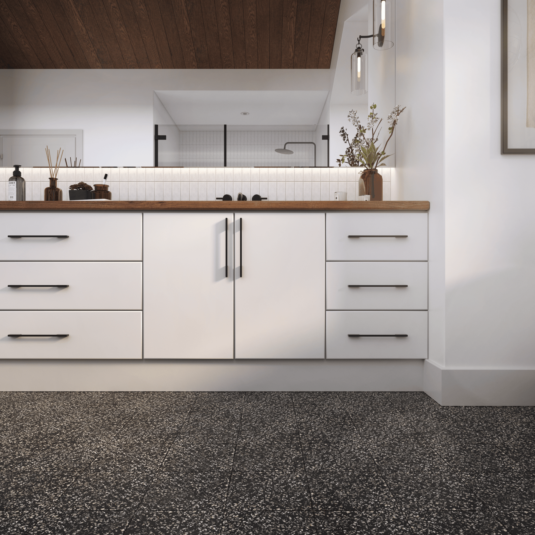 Mother of Pearl Terrazzo Tile: 8” x 8” - LiLi Tile bathroom 