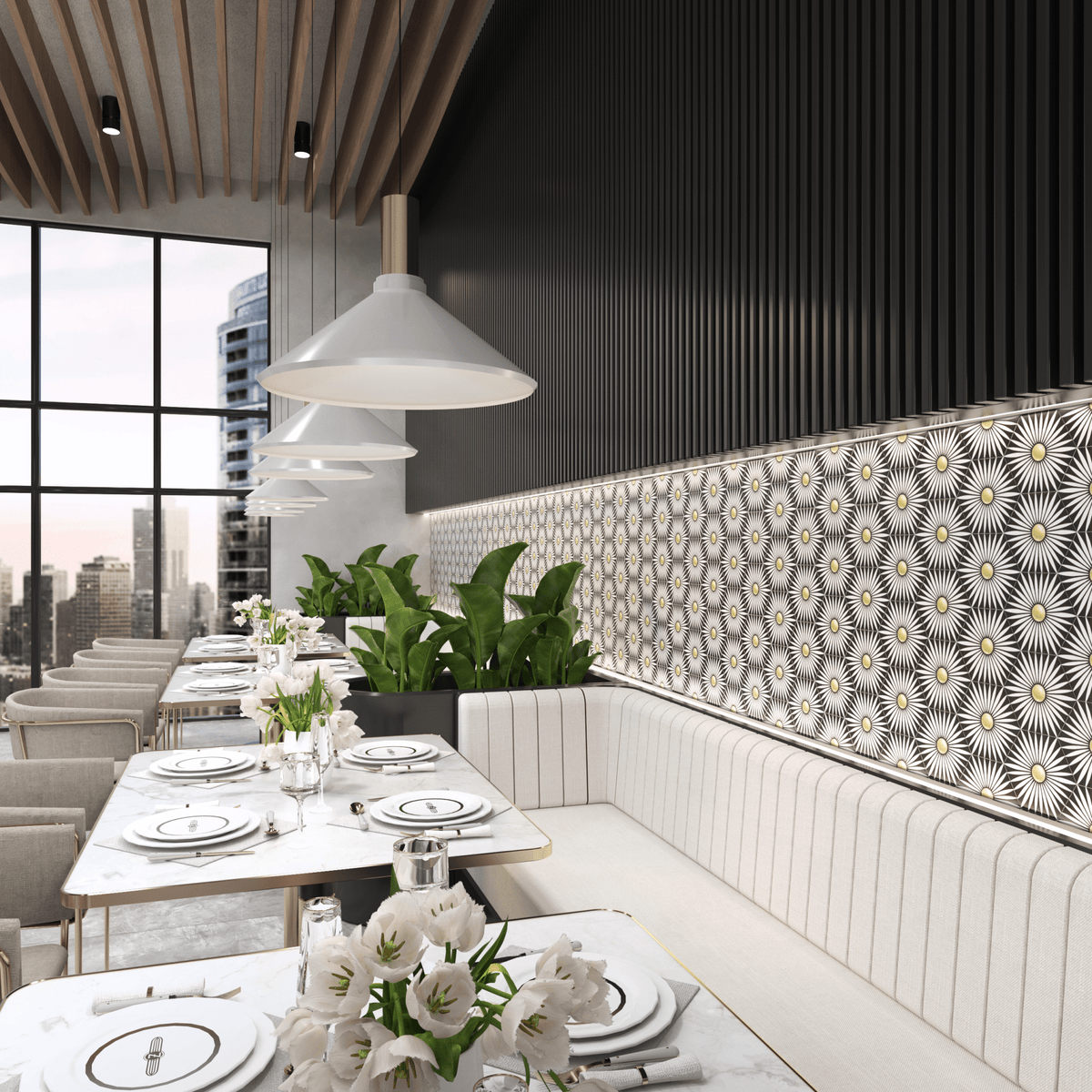 Rise Hexagon Tile: 6” x 7” - LiLi Tile commercial space 